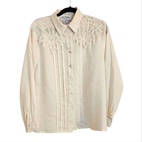Vintage Tops - Vintage Bob Mackie Womens Cream Off- white 100% Linen Lace Blouse – Size 10